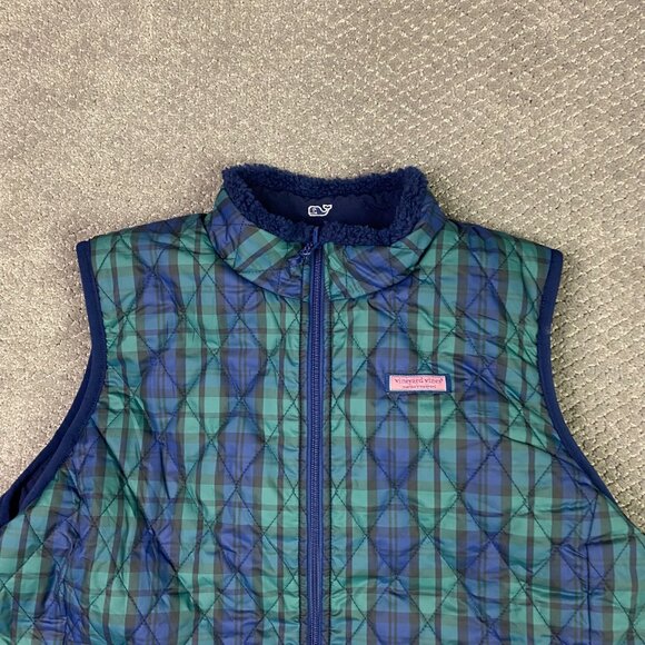 Vineyard Vines Reversible Fleece Plaid Vest Women's XL Blue Green Scotch Check - Picture 5 of 15